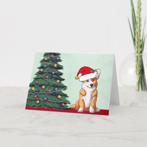 Corgi Christmas Tree Dog with Tail Santa Hat Cute Holiday Card