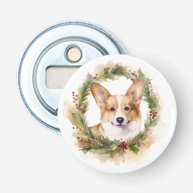 Corgi Christmas Wreath Festive Pup Bottle Opener (Front)