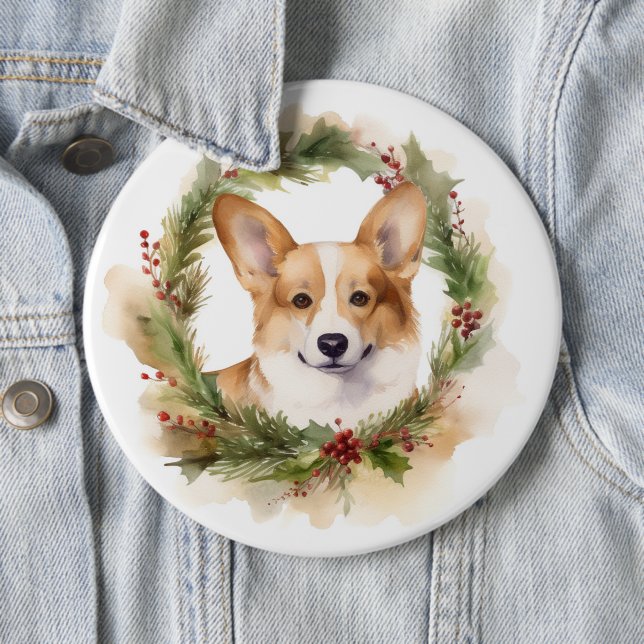 Corgi Christmas Wreath Festive Pup Button (In Situ)