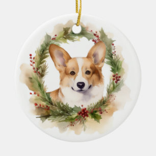 Corgi Christmas Wreath Festive Pup Ceramic Ornament