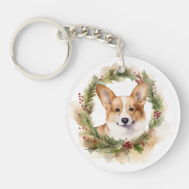 Corgi Christmas Wreath Festive Pup Keychain (Front)