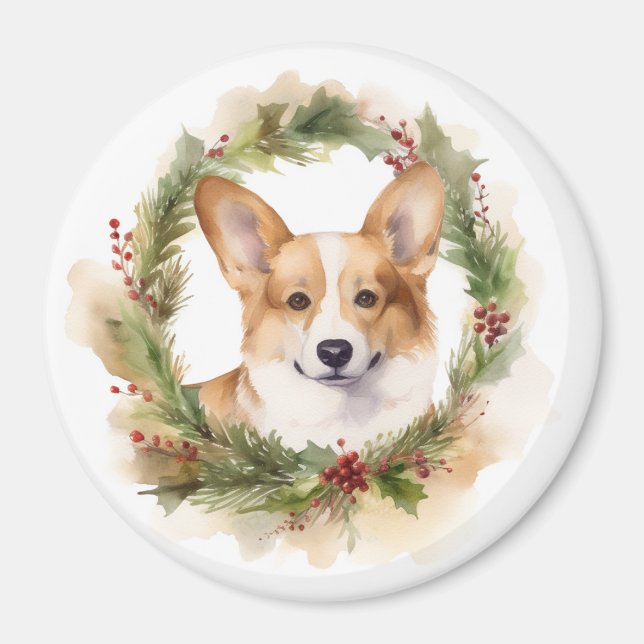 Corgi Christmas Wreath Festive Pup Magnet (Front)