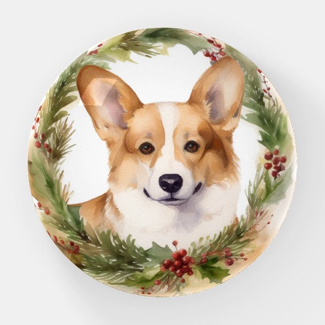 Corgi Christmas Wreath Festive Pup Paperweight (Front)