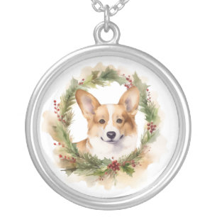 Corgi Christmas Wreath Festive Pup Silver Plated Necklace