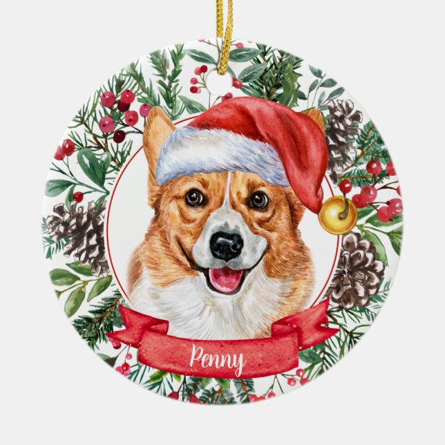 Corgi Custom Dog Santa Hat Christmas Ornament (Front)