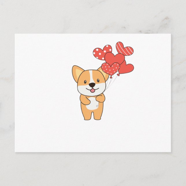 Corgi Cute Animals With Hearts Balloons To Postcard (Front)