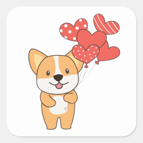 Corgi Cute Animals With Hearts Balloons To Square  Square Sticker