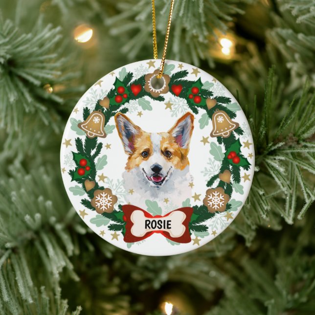 Corgi Cute Dog Christmas Cute Dog Cookie Wreath Ceramic Ornament (Tree)