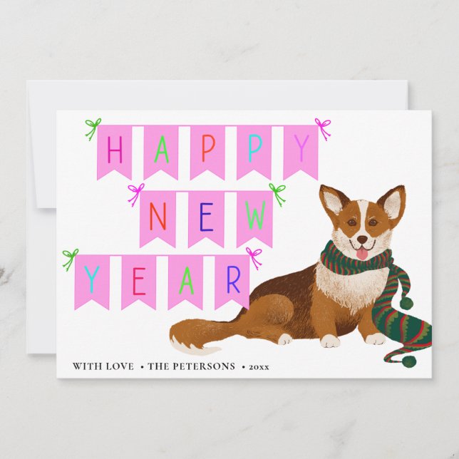 CORGI | Cute HAPPY NEW YEAR With Ribbon Holiday Card (Front)