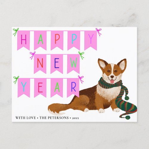 CORGI  Cute HAPPY NEW YEAR With Ribbon Holiday Postcard