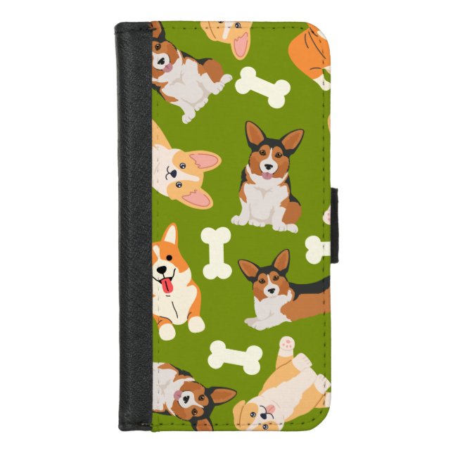 Corgi Cute Pattern In Green iPhone Wallet Case (Front)