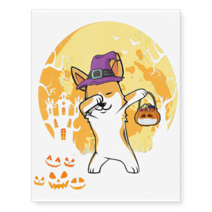 Corgi Dabbing Witch Pumpkin Funny Dog Halloween Temporary Tattoos
