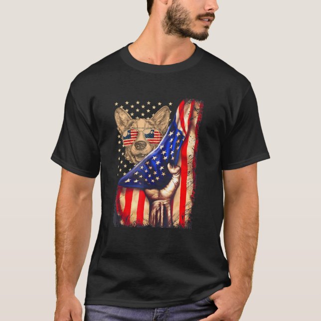 Corgi Dad Owner Dog American Flag T-Shirt (Front)