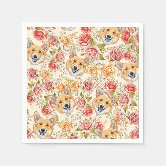 CORGI DOG AND ENGLISH ROSES PAPER DECOUPAGE NAPKINS (Front)