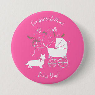 Corgi Dog Baby Shower Pink Girl Button