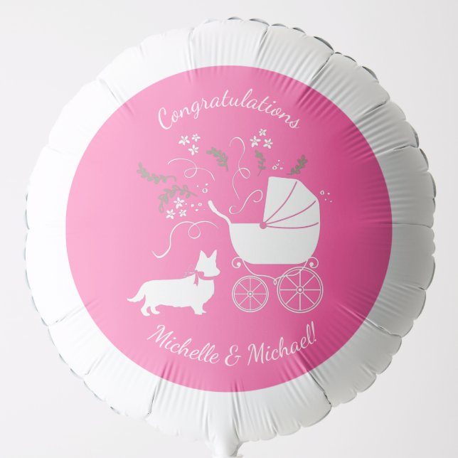 Corgi Dog Baby Shower Puppy Grey Welsh Pink Girl Balloon (Front)