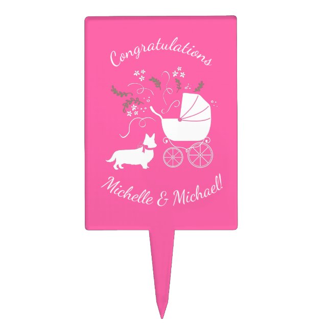 Corgi Dog Baby Shower Puppy Grey Welsh Pink Girl Cake Topper (Front)