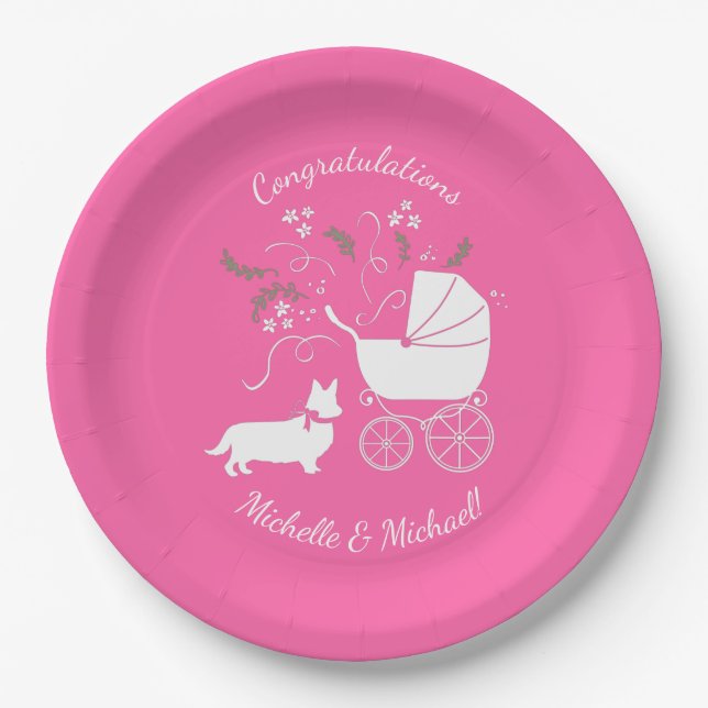 Corgi Dog Baby Shower Puppy Grey Welsh Pink Girl Paper Plates (Front)