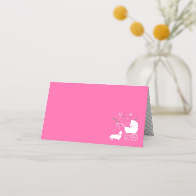 Corgi Dog Baby Shower Puppy Grey Welsh Pink Girl Place Card (Front)