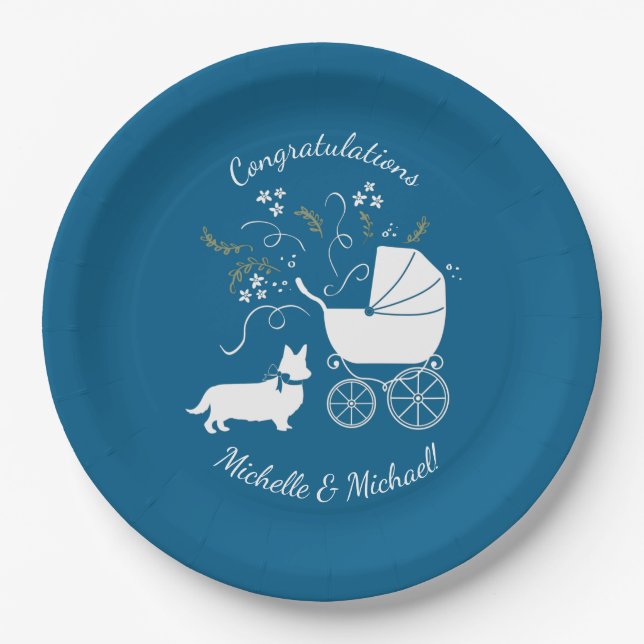 Corgi Dog Baby Shower Puppy Welsh Blue Boy Paper Plates (Front)