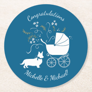 Corgi Dog Baby Shower Puppy Welsh Blue Boy Round Paper Coaster