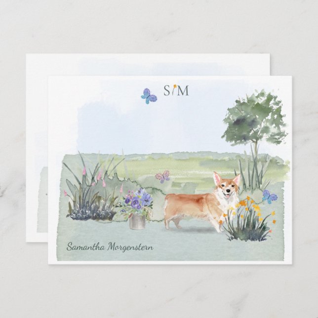 Corgi Dog Butterfly Meadow Monogram and Name   Note Card (Front/Back)