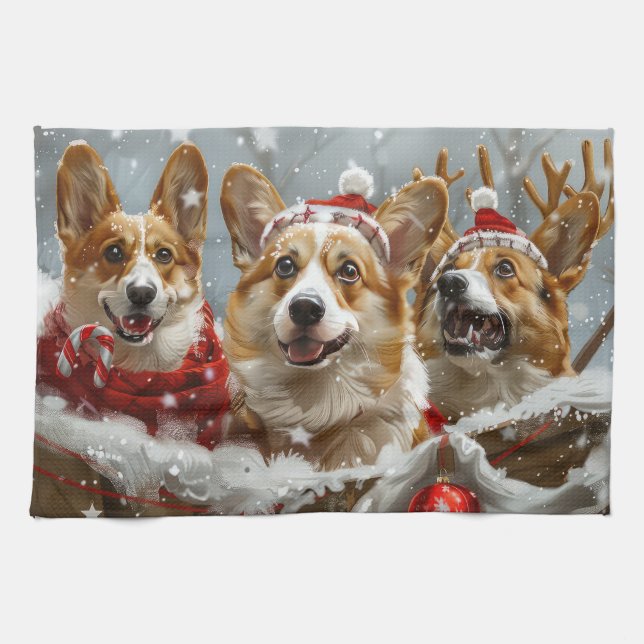 Corgi Dog Christmas Festive  Kitchen Towel (Horizontal)