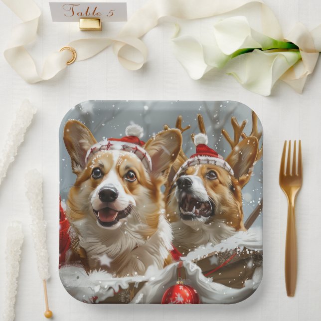 Corgi Dog Christmas Festive  Paper Plates (Wedding)