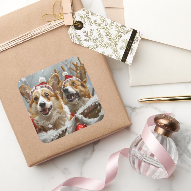 Corgi Dog Christmas Festive  Square Sticker (Gifting)