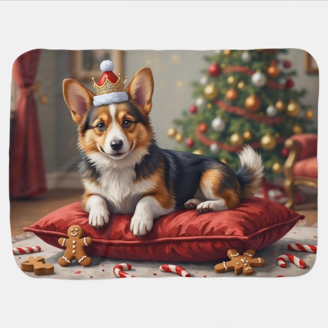 Corgi Dog Christmas Loaf with Santa Crown Art Baby Blanket (Horizontal)