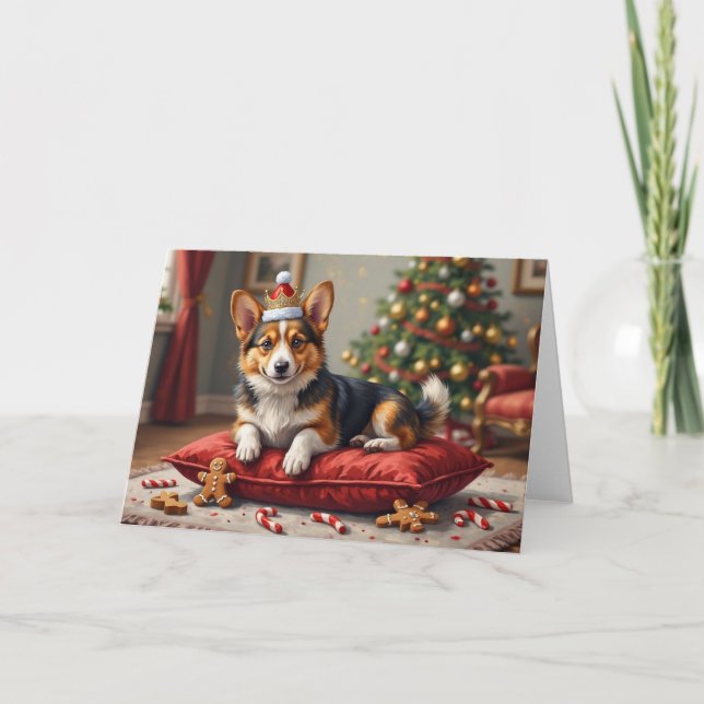Corgi Dog Christmas Loaf with Santa Crown Art Card (Front)