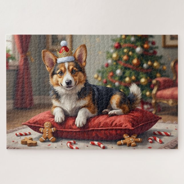 Corgi Dog Christmas Loaf with Santa Crown Art Jigsaw Puzzle (Horizontal)