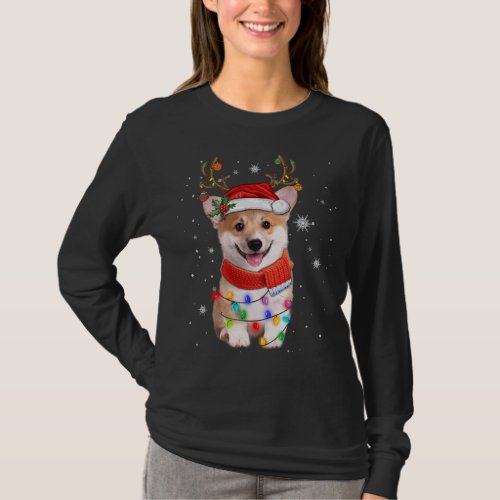 Corgi Dog Christmas Reindeer Santa Hat Xmas Light  T_Shirt