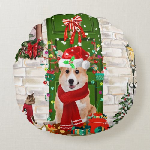 corgi Dog Christmas  Round Pillow