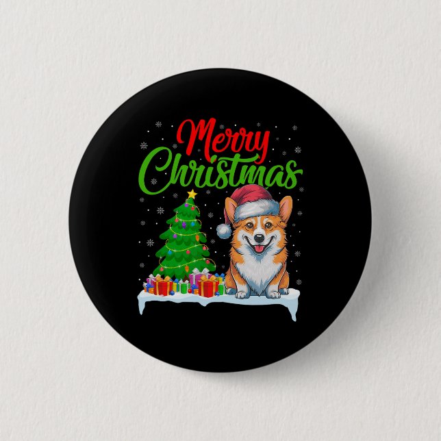 Corgi Dog Christmas Tree Lights Funny Xmas Corgi D Button (Front)