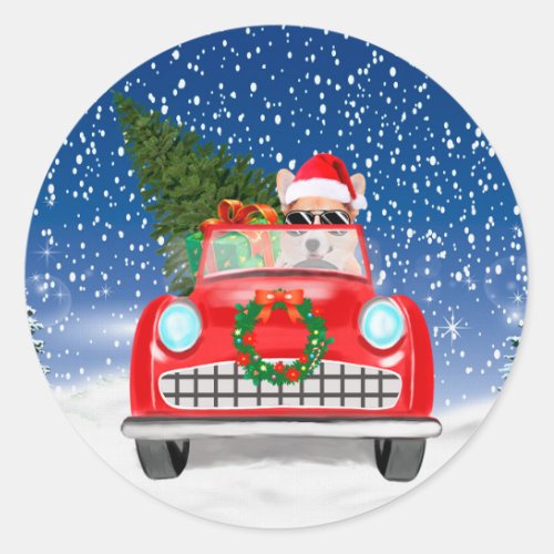 Corgi Dog Driving Car In Snow Christmas  Classic Round Sticker