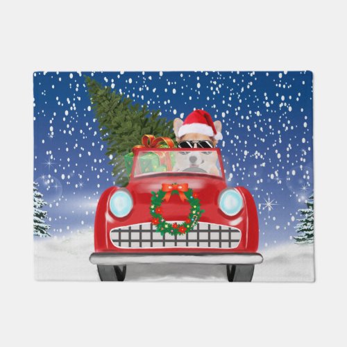 Corgi Dog Driving Car In Snow Christmas Doormat