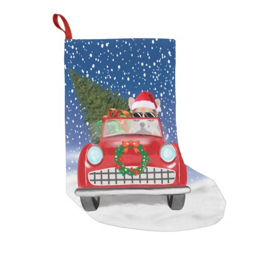 Corgi Dog Driving Car In Snow Christmas  Small Christmas Stocking