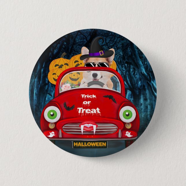 Corgi Dog Driving Car Scary Halloween Button (Front)