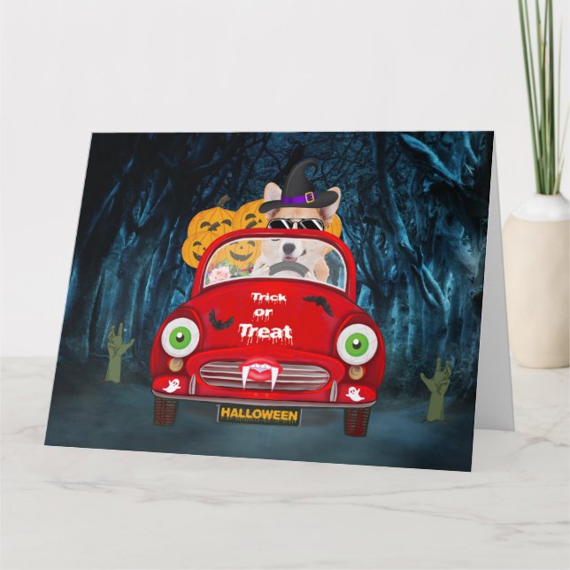 Corgi Dog Driving Car Scary Halloween Card (Front)