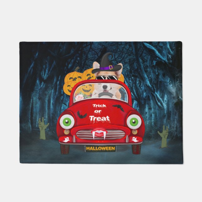Corgi Dog Driving Car Scary Halloween  Doormat (Front)