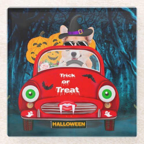 Corgi Dog Driving Car Scary Halloween Glass Coaster