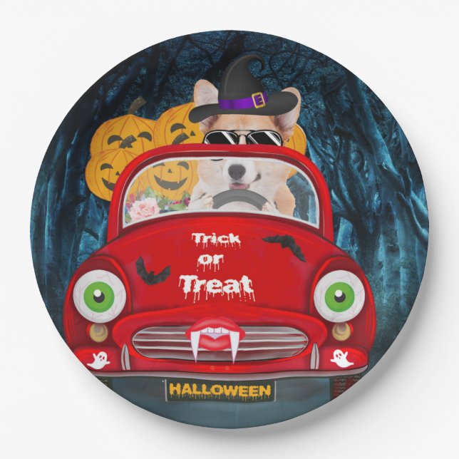 Corgi Dog Driving Car Scary Halloween  Paper Plates (Front)