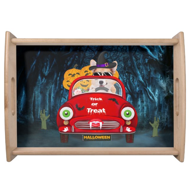 Corgi Dog Driving Car Scary Halloween  Serving Tray (Front)