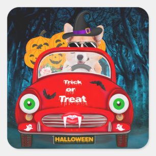 Corgi Dog Driving Car Scary Halloween Square Sticker