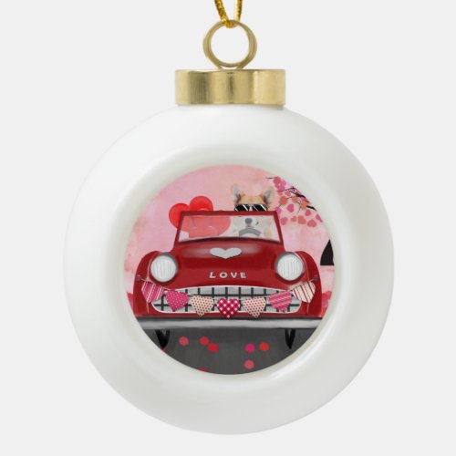 Corgi Dog Driving Car with Hearts Valentines Ceramic Ball Christmas Ornament