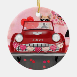 Corgi Dog Driving Car with Hearts Valentine's Ceramic Ornament