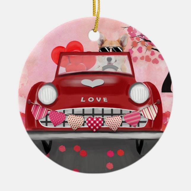 Corgi Dog Driving Car with Hearts Valentine's   Ceramic Ornament (Front)