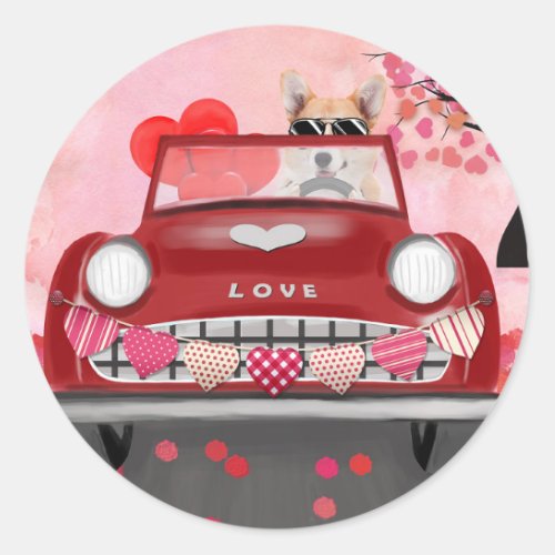 Corgi Dog Driving Car with Hearts Valentines   Classic Round Sticker