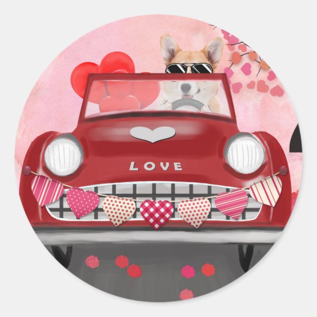Corgi Dog Driving Car with Hearts Valentine's   Classic Round Sticker (Front)